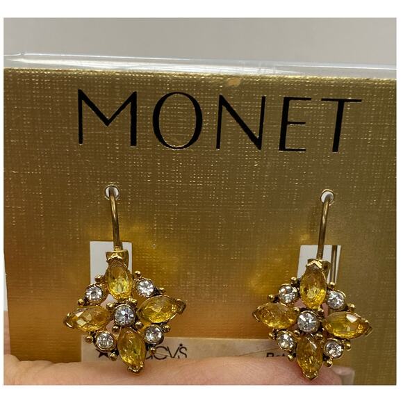 Vintage Monet Goldtone Earings with Amber and Diamond Like Stones NEW - Picture 4 of 6